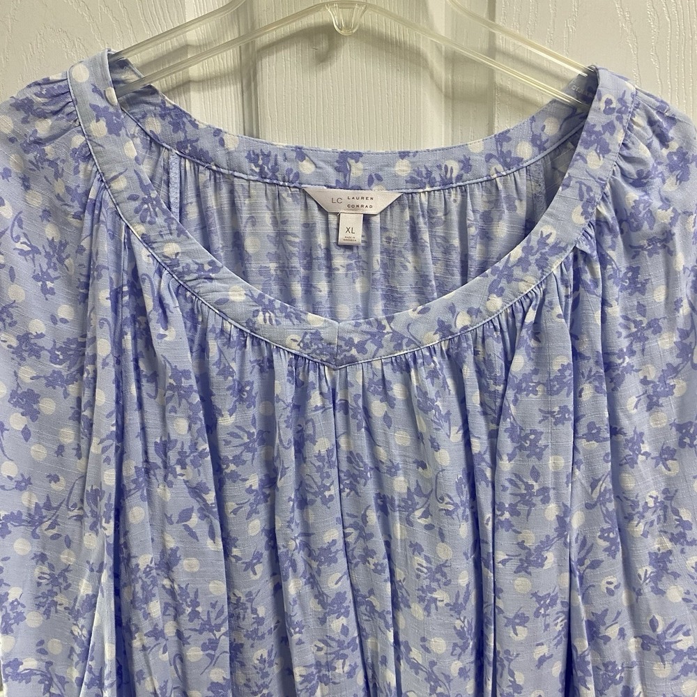 Lauren Conrad Womens Long Sleeve Blouse Floral Tunic Top Blue/White V-neck XL - Picture 2 of 7